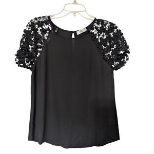 Beacon Apparel Elegant Black Floral Lace Sleeve Top Size XS NWOT